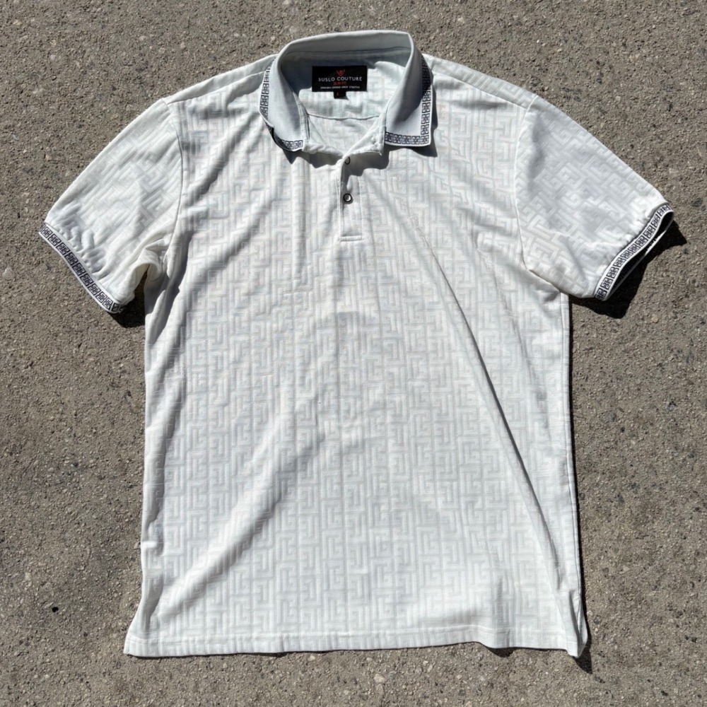 Suslo Couture White Geometric Greek Key Polo Shirt - Slim Fit - Large